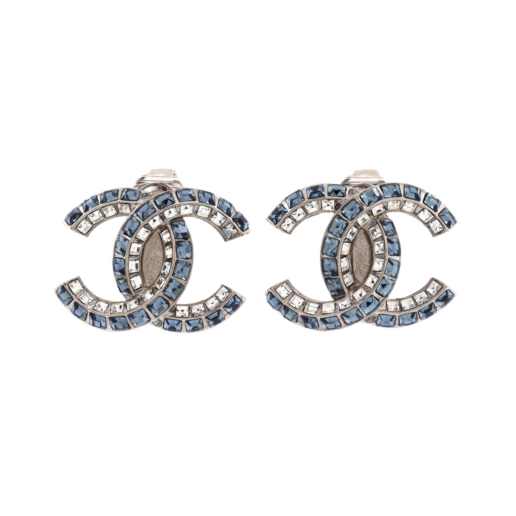 Chanel CC Baguette Clip-On Earrings Metal with Crystals Blue 1953681