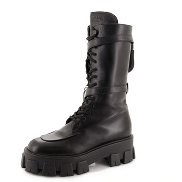Prada Women's Monolith Lace-Up Knee High Boots Leather with Nylon