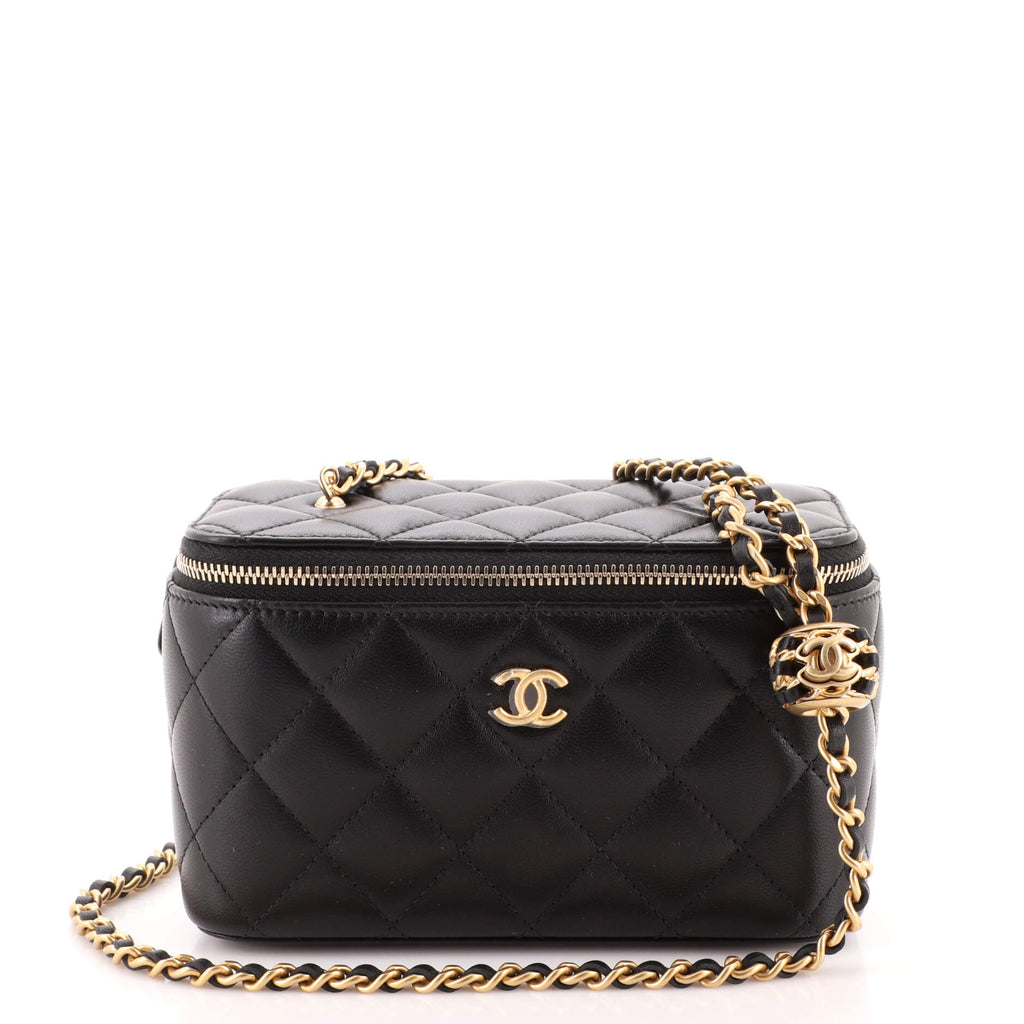 Black Quilted Lambskin Pearl Crush Vanity Box Aged Gold Hardware, 2022
