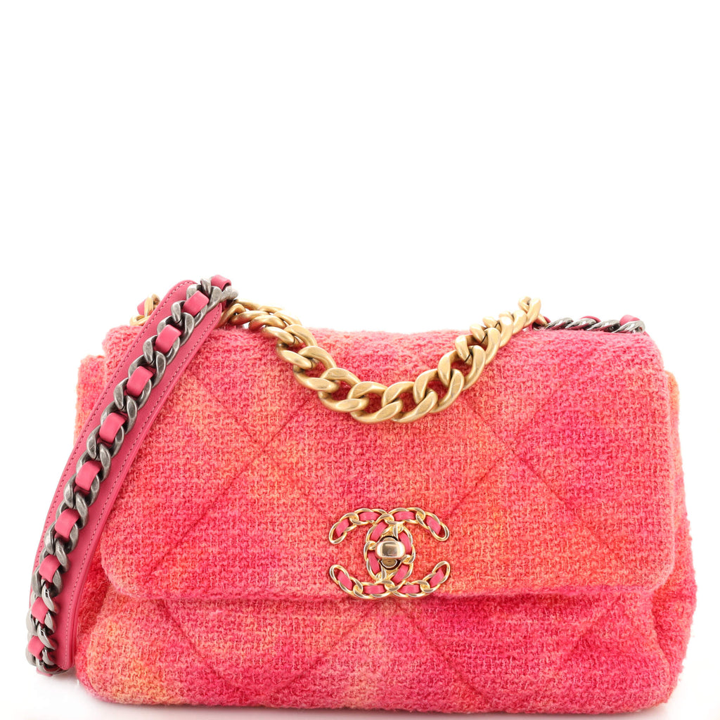 CHANEL Tweed Quilted Medium Chanel 19 Flap Blue Pink 1284677