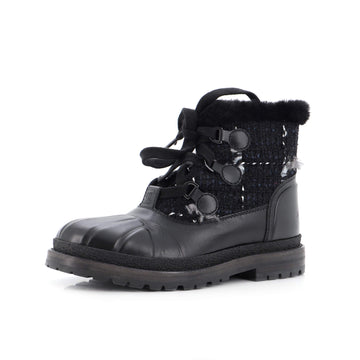 Chanel Women's CC Lace Up Combat Boots Leather with Tweed and Shearling
