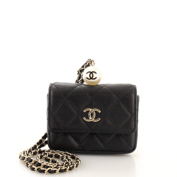 Chanel CC Pearl Coin Card Holder with Chain Quilted Caviar