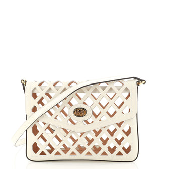 Gucci Traforata Flap Crossbody Bag Cutout Leather with Flora Canvas Medium