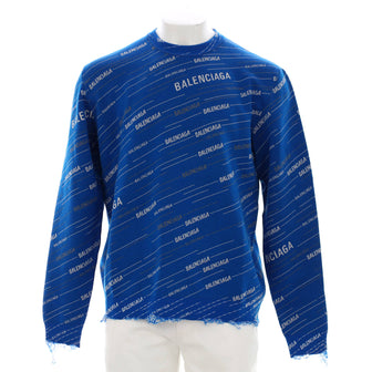 Balenciaga Men’s Allover Logo Distressed Crewneck Sweater Wool