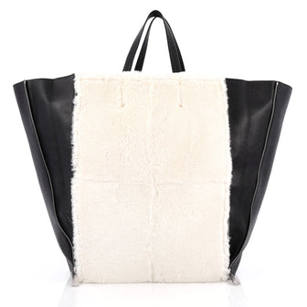 Celine Vertical Gusset Cabas Tote Shearling and Leather Large Black 1963104