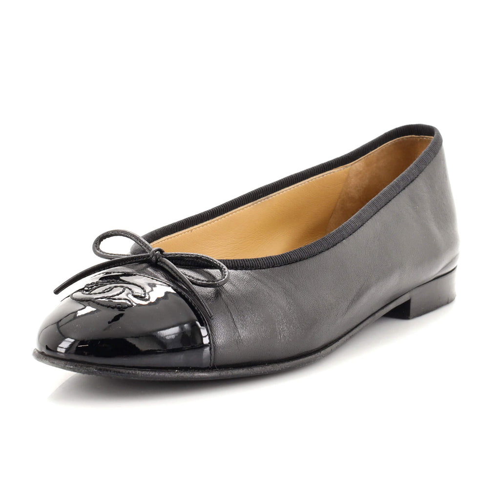 Chanel Women's CC Cap Toe Bow Ballerina Flats Leather and Patent Black  1963251