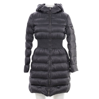 Prada Women's Cinched Waist Hooded Puffer Coat Quilted Nylon with Down