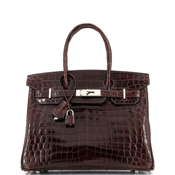 Hermes Birkin Handbag Brown Shiny Niloticus Crocodile with Palladium Hardware 30