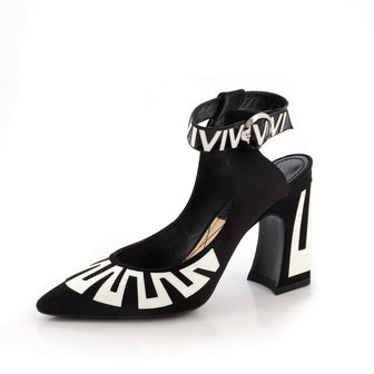 Louis Vuitton Women's Geometric Logo Ankle Strap Pumps Satin and Leather