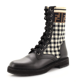 Fendi Women's Rockoko Combat Boots Leather and Zucca Knit Stretch Fabric