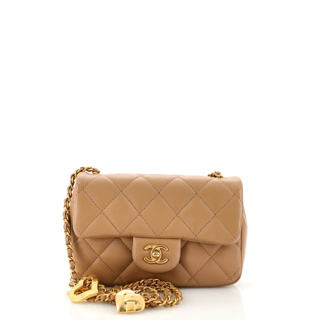 Chanel Heart Charms Flap Bag Quilted Lambskin Mini Neutral 2217615