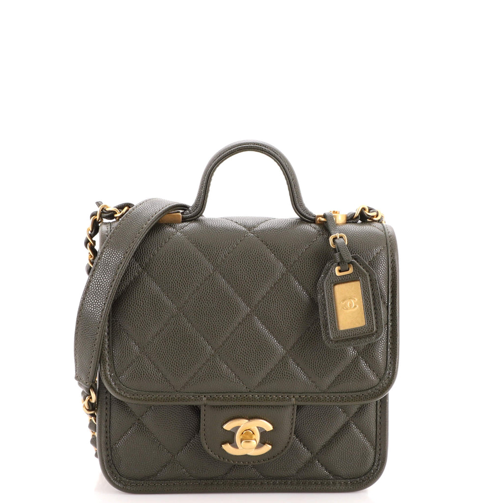 Chanel School Memory Top Handle Flap Bag Quilted Caviar Mini Green 1971901