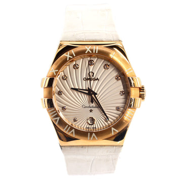 Omega Constellation Quartz Watch Rose Gold and Alligator with Diamond Markers 35