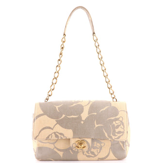 Chanel Vintage Camellia Single Flap Bag Printed Raffia Medium