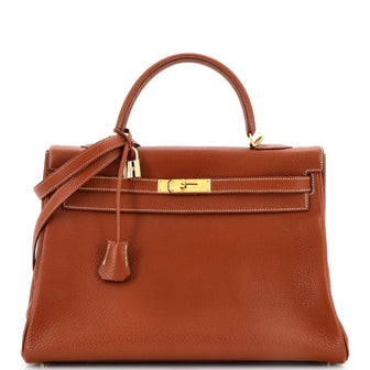 Hermes Kelly Handbag Brown Buffalo Skipper with Gold Hardware 35