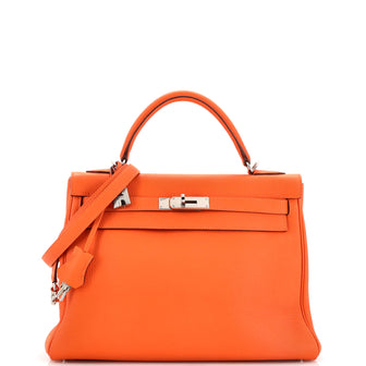 Hermes Kelly Handbag Orange Clemence with Palladium Hardware 32