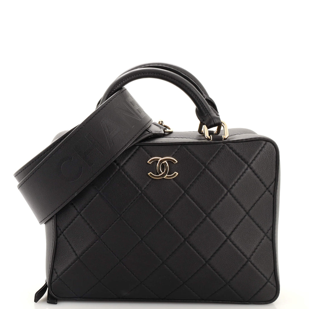CHANEL Vinyl Calfskin Quilted Trolley Rolling Luggage Black 1311641