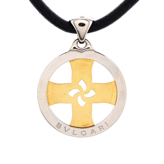 Bvlgari Tondo Cross Pendant Necklace Stainless Steel with 18K Yellow Gold and Cord