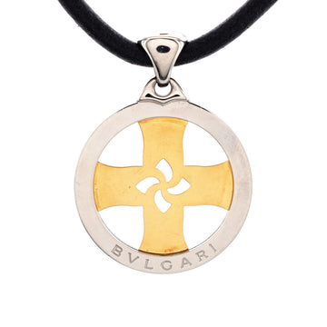 Bvlgari Tondo Cross Pendant Necklace Stainless Steel with 18K Yellow Gold and Cord
