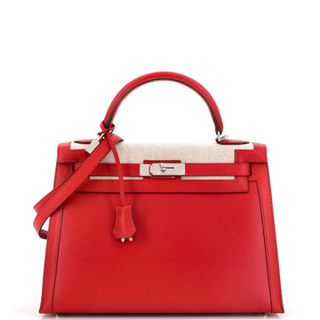 Hermes Kelly Handbag Red Berline Vache Canvas with Swift and Toile with Palladium Hardware 32