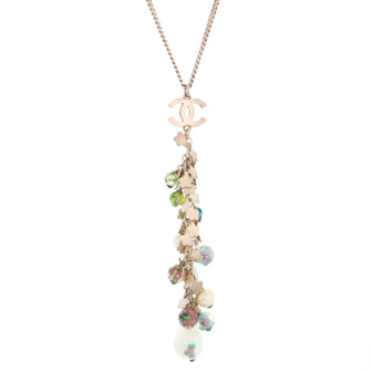 Chanel Vintage CC Flowers Drop Pendant Necklace Metal with Faux Pearls and Beads
