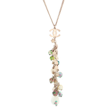 Chanel Vintage CC Flowers Drop Pendant Necklace Metal with Faux Pearls and Beads