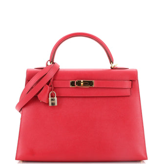Hermes Kelly Handbag Red Courchevel with Gold Hardware 32