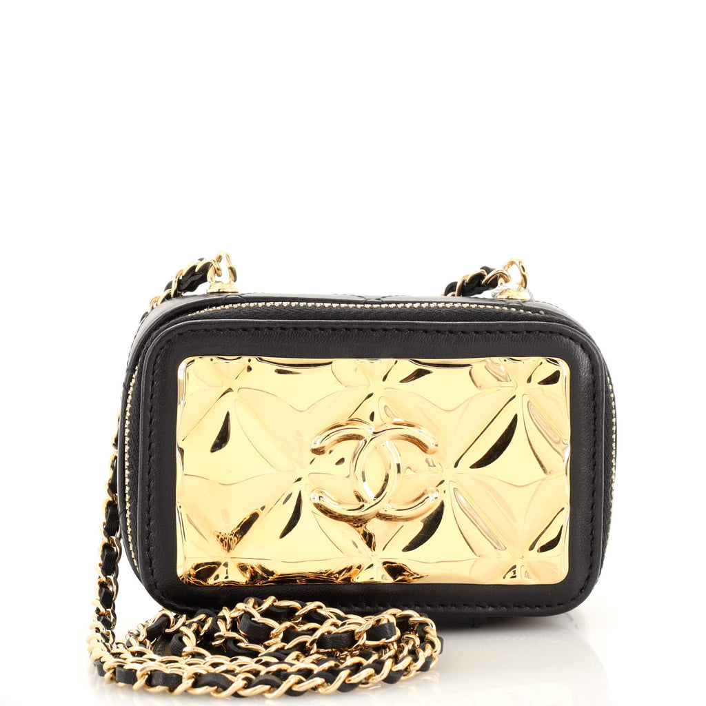 Chanel Golden Plate Zip Around Vanity Case with Chain Quilted Metal and  Lambskin Extra Mini Black 1977822