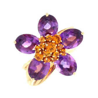 Van Cleef & Arpels Hawaii Flower Ring 18K Yellow Gold with Amethyst and Orange Sapphires