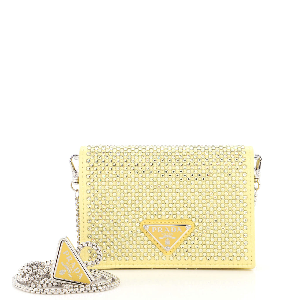 Prada Flap Card Holder with Chain Satin with Crystals Yellow 197807186