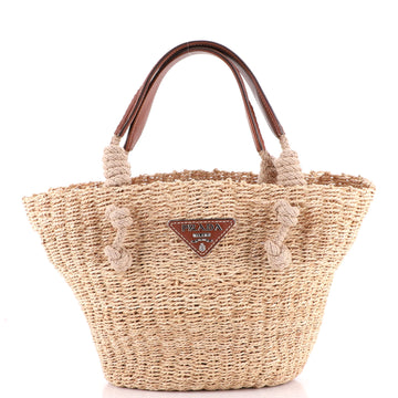 Prada Knotted Basket Tote Woven Raffia with Leather Small