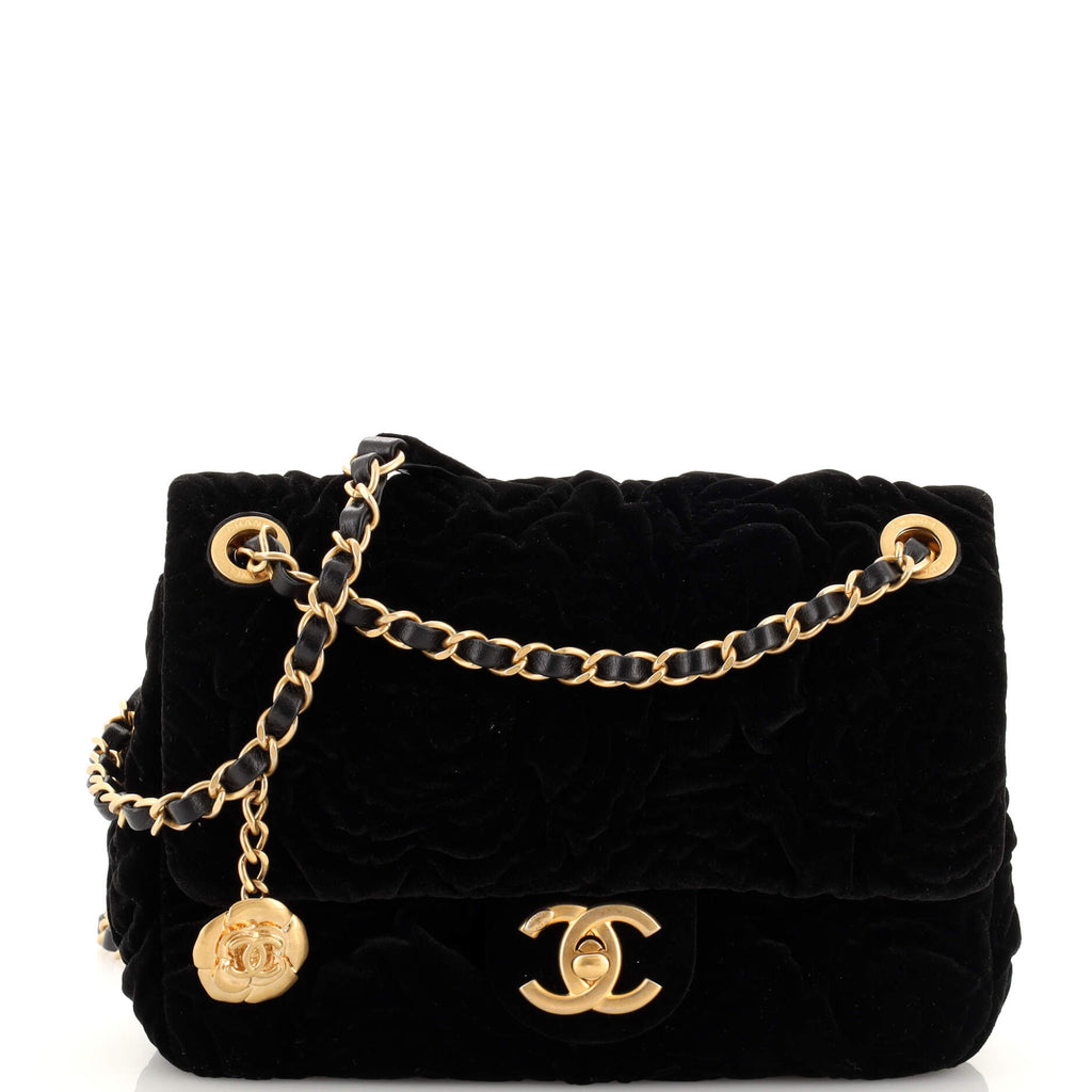 Chanel Square Classic Single Flap Bag Camellia Velvet Mini Black 197807284