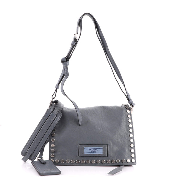 Prada Grey Leather Studded Etiquette Crossbody Bag