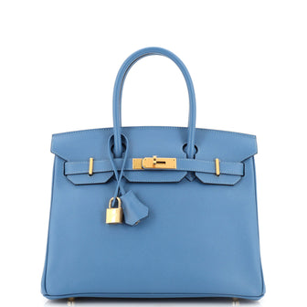 Hermes Birkin Handbag Blue Epsom with Gold Hardware 30