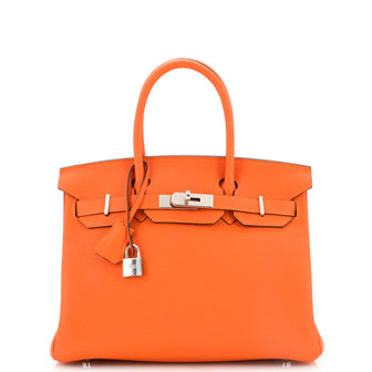 Hermes Birkin Handbag Orange Clemence with Palladium Hardware 30