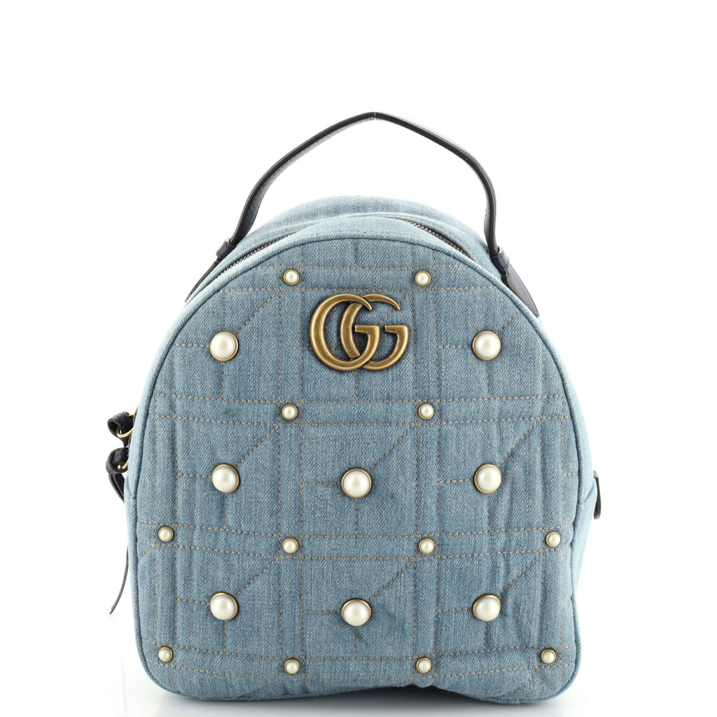 gucci mini backpack purse Gucci Pearly GG Marmont Backpack Embellished Matelasse Denim Small Blue  19780765
