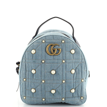 Gucci Pearly GG Marmont Backpack Embellished Matelasse Denim Small