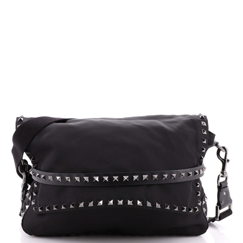 Valentino Garavani Rockstud Flap Messenger Bag Nylon Medium Black  