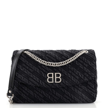 Balenciaga BB Chain Round Shoulder Bag Quilted Embroidered Denim Medium
