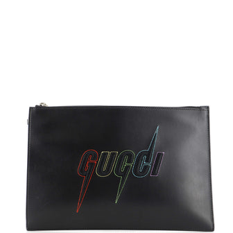 Gucci Blade Logo Wristlet Pouch Embroidered Leather