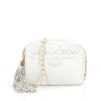 Chanel Vintage Camera Tassel Bag Quilted Leather Medium White