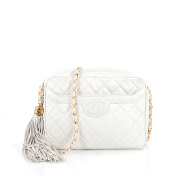 Chanel Vintage Camera Tassel Bag Quilted Leather Medium White