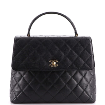 Chanel Vintage Classic Top Handle Flap Bag Quilted Caviar Jumbo