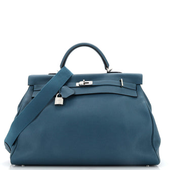 Hermes Kelly Travel Handbag Blue Togo with Palladium Hardware 50