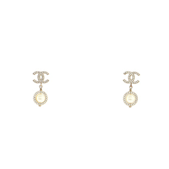 Chanel CC Drop Earrings Metal with Crystals and Faux Pearls Gold 1982664