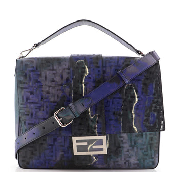Fendi Baguette Messenger Bag Perforated Zucca Printed Leather Large