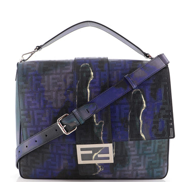 Fendi Baguette Messenger Bag Perforated Zucca Printed Leather Large