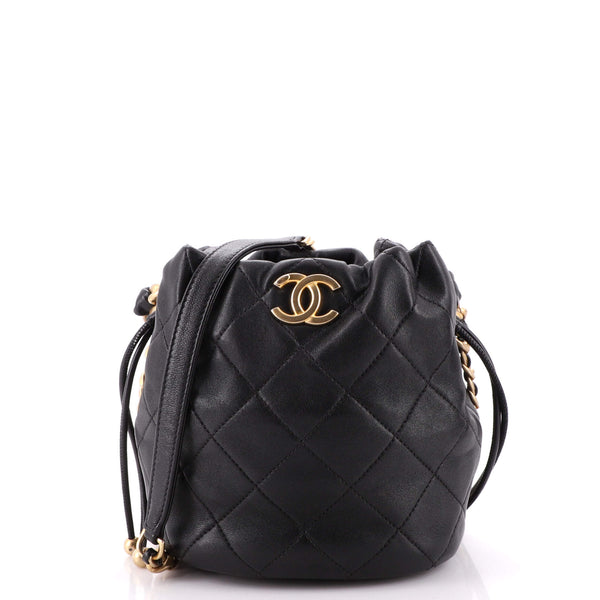 Chanel Entwined Chain Top Handle Drawstring Bucket Bag Quilted Shiny  Lambskin Small Black 19832029