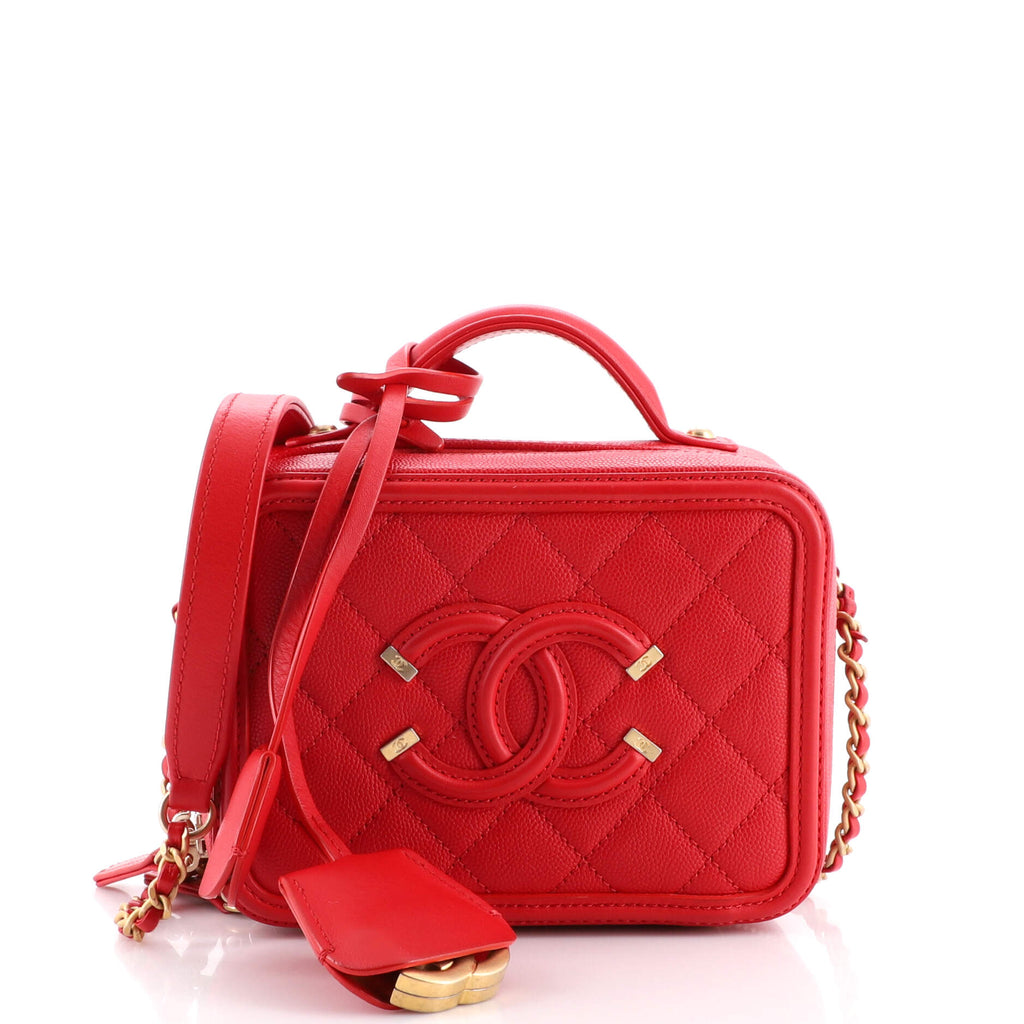 CHANEL Caviar Quilted Small CC Filigree Vanity Case Red | FASHIONPHILE
