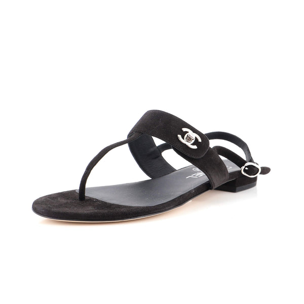 CHANEL BLACK SUEDE CALFSKIN FLAT SLIDE SANDALS WITH GOLD CC LOGO CHAIN -  ShopperBoard